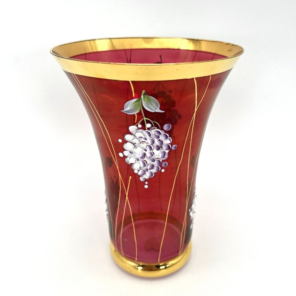Famosa LPW Vienna Austria Ruby Red Glass Vase Hand Painted Grapes Gold Trim - Picture 4 of 14